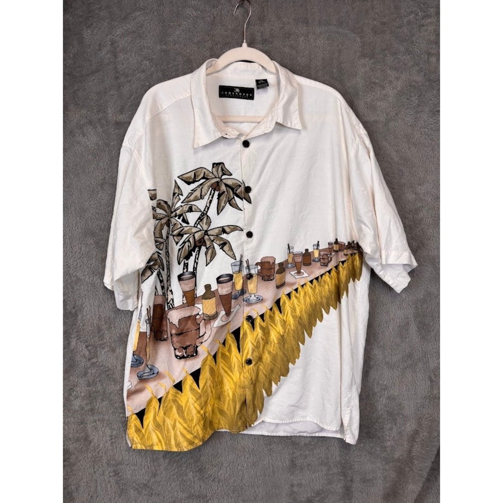 Consensus Sportswear Mens XXL Tropical Bar Palm Tree Graphic‎ Button Down Shirt